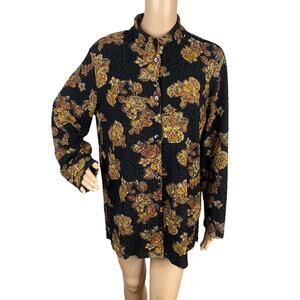Coldwater Creek Black Gold Floral Autumn Leaves Crinkled Mock Neck Cardigan SZ M